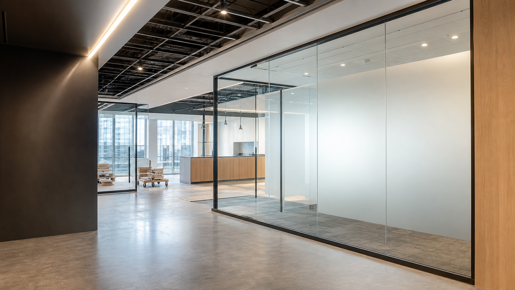 Modern commercial interior build-out near completion